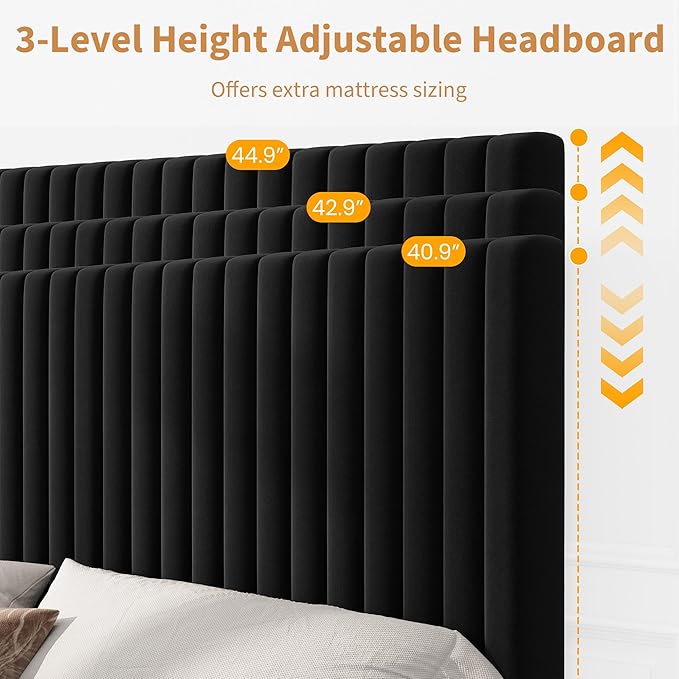 GAOMON Queen Bed Frame with Adjustable Headboard, Velvet Upholstered Platform Queen Size Bed Frame, Wooden Slats Support, No Box Spring Needed, Easy Assembly, Black