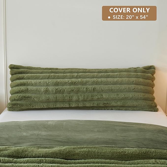 MEGO Luxury Faux Rabbit Fur Body Pillow Cover, Soft Fluffy Plush Wide Striped Bedroom Green Body Pillowcase 20x54, Furry Fuzzy Long Bed Pillow Case with Zipper for Adults Girls Teens Kids, Sage Green