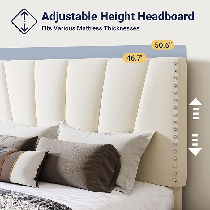 Allewie Full Size Bed Frame with Adjustable Velvet Upholstered Headboard, Rivet-Style Nailhead Trim Detail Platform Bed Frame, Wooden Slat Support, No Box Spring Needed, Easy Assembly, Cream