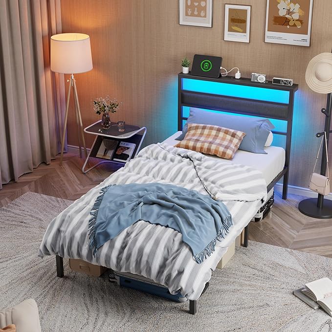 OURPIC Twin Bed Frames for Kids, Metal Platform Bed Frame Twin Size with Charging Station and LED Lights, Upholstered Headboard and Storage Shelf, No Box Spring Needed, Easy Assembly