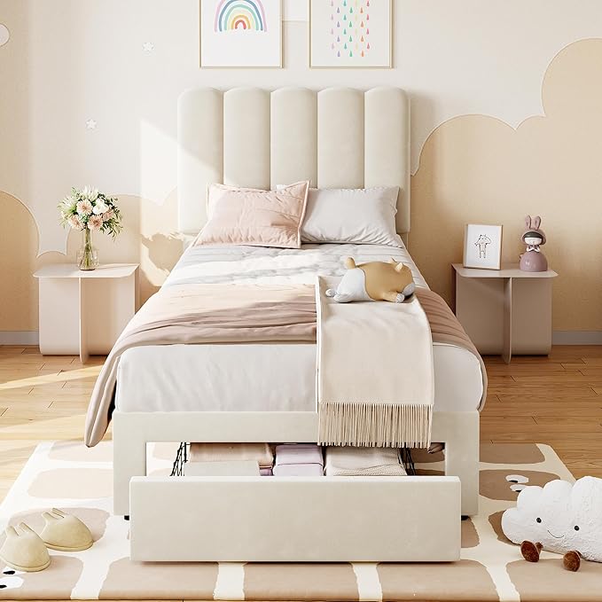 IDEALHOUSE Twin Bed Frame with Storage Drawer and Headboard, Velvet Upholstered Twin Platform Bed Frame for Girls, Strong Wooden Slats Support, Noise-Free, Easy Assembly (Beige)