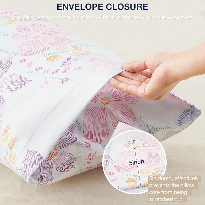 EXQ Home Satin Pillowcase for Hair and Skin - Multicolor Printed Flower Silk Pillowcase 2 Pack 20x26 inches - Standard Size Satin Pillow Cases Set of 2 with Envelope Closure
