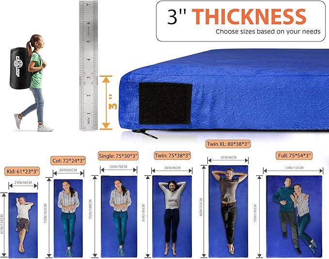 GAIALOOP 3 Inch Memory Foam Camping Mattress, Dual Layer Thick Sleeping Camp Pad for Car Tent Cot, Roll-Up Portable Glamping Floor Bed for Guests Sleepover