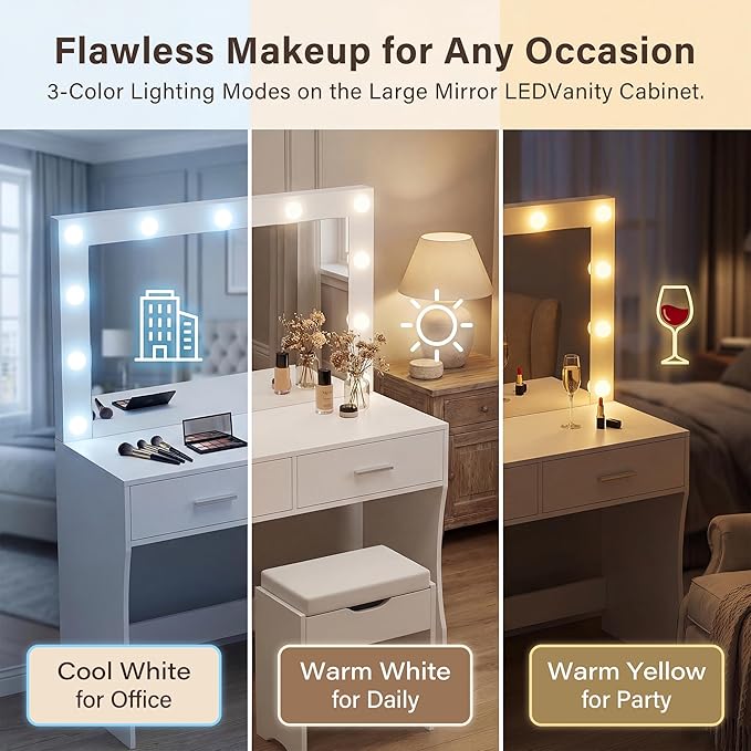 YESHOMY Vanity Desk with Mirror,Makeup Vanity Table with 11 Adjustable Lights and 2 Spacious Drawers,3 Lighting Modes with Control&Soft-Padded Storage Stool,Modern Bedroom Vanity Set, Pure White