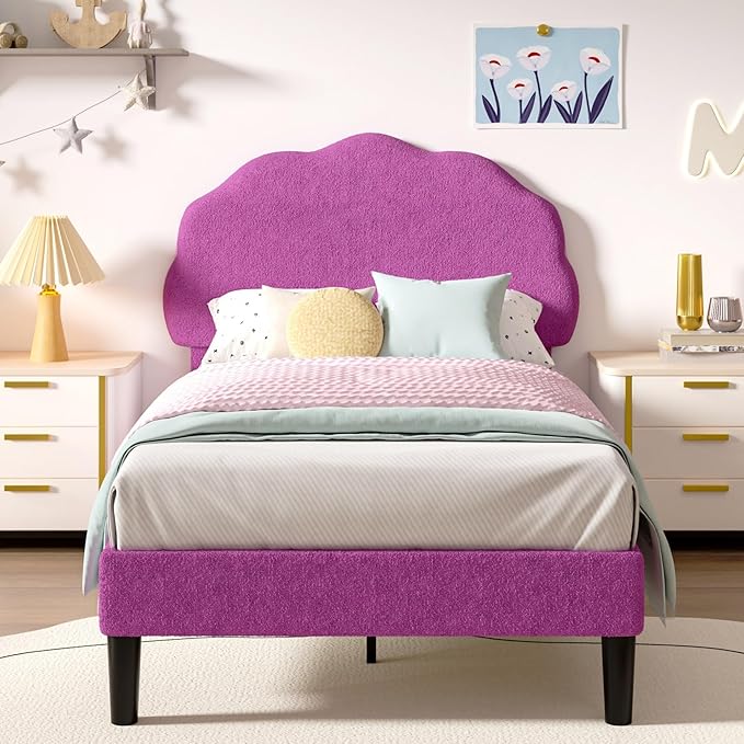 VECELO Twin Size Bed Frame, Upholstered Platform Bedframe with Height Adjustable Plush Fabric Headboard, Strong Wood Slat Supports, No Box Spring Needed, Purple