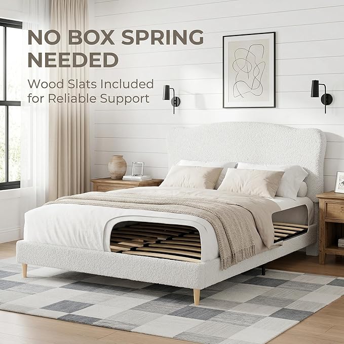 GarveeHome Queen Size Bed Frame with Upholstered Headboard, Soft Low Profile Sturdy Platform Bed with Rounded Corners Design, Heavy Duty, Wooden Slats, Noise Free, No Box Spring Needed, White