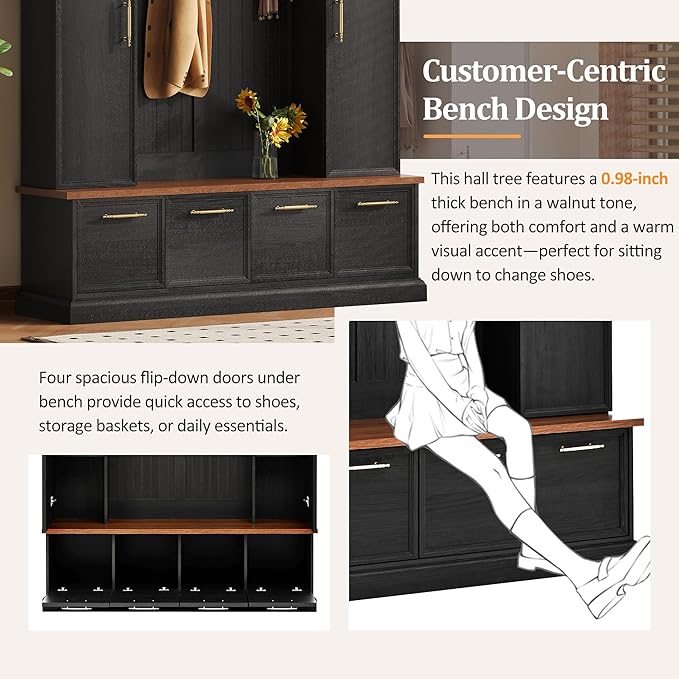 Merax 59" Farmhouse Hall Tree with Golden Hooks & Walnut Bench, Entryway Organizer with Adjustable Shelves, Shoe Storage, Anti-Tip for Mudroom, Living Room, Black