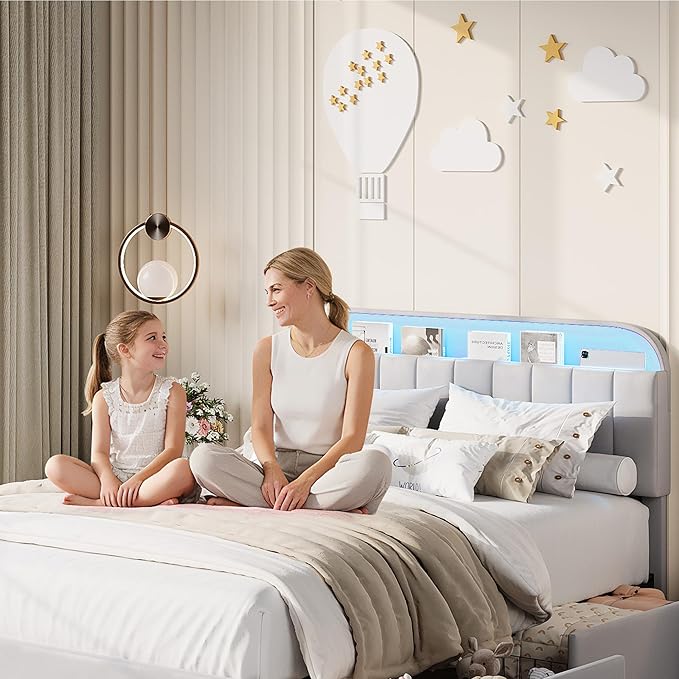 Garvee Queen Size Bed Frame with 2 Flexible Drawers, Velvet Upholstered Platform Bed Frame with Bookcase Headboard and LED Lights, Kids Bed for Girls, Easy Assembly, Noise Free, Grey