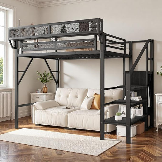 SOFTSEA Metal Loft Bed Twin XL Size, Loft Bed Frame with Storage Shelves and Wardrobe, High Loft Beds with Stairs and Guardrail for Kids Bedroom, No Box Spring Needed, Black