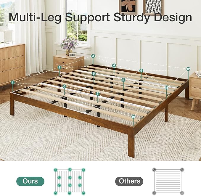 Novilla 12 Inch King Bed Frame, Classic Solid Wooden King Size Platform Bed Frame, Sturdy Wood Slat Support, No Box Spring Needed, Easy Assembly, Walnut