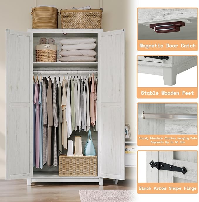 AMERLIFE Farmhouse Armoire Wardrobe Closet with 2 Barn Doors, 71'' Storage Cabinet with Hanging Rod & Shelf, Versatile Clothing Storage for Bedroom, White