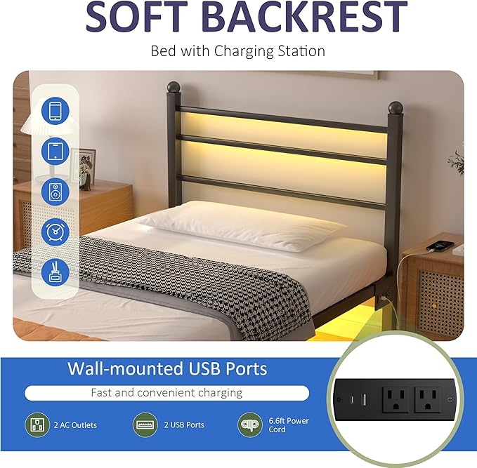 J.Fkne Twin Bed Frame with LED Lights & Charging Station, Metal Platform Bed with Headboard, Heavy Duty Metal Slats, No Box Spring Needed, Noise Free, Easy Assembly, Black