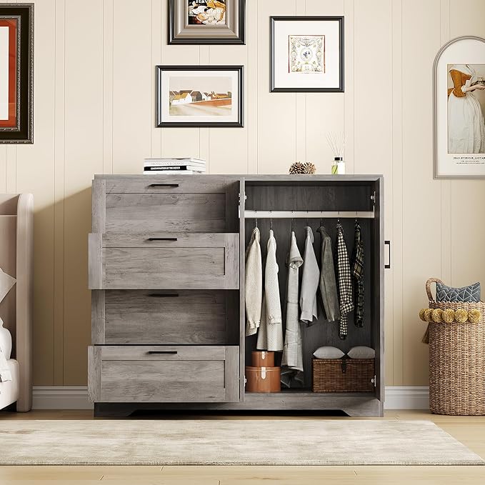 GarveeHome Multifunctional Wooden Dresser for Bedroom, 43.3 in H 2 Door Wardrobe Armoire Closet with 4 Drawers and Hanging Rod, Low Storage Cabinet for Hanging Cloth, Gray
