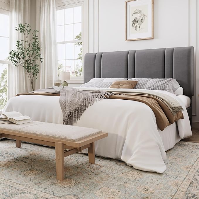 SHA CERLIN King Size Platform Bed Frame, Velvet Upholstered Bed with Adjustable Headboard, Vertical Channel Tufted Design, Sturdy Wood Slat Support, No Box Spring Needed, Easy Assembly, Light Grey