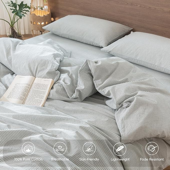 MooMee Striped Duvet Cover Set 100% Washed Cotton Linen Like Textured Breathable Durable Soft Comfy (Heathered Green Pinstripes, Twin 68"x90")