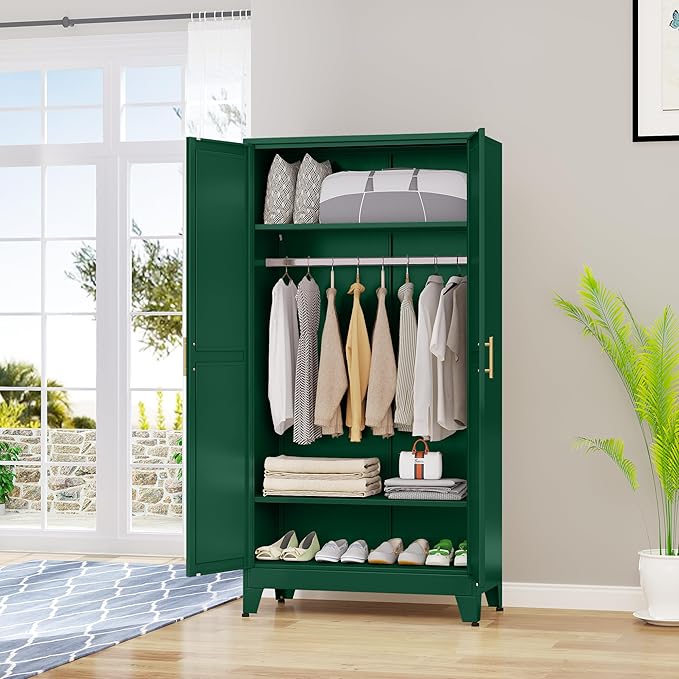 Metal Armoire Wardrobe Closet with Hanging Rod, Clothing Storage Cabinet with Adjustable Shelves for Laundry Room, Bedroom, Home Office, Bathroom, 71" Green