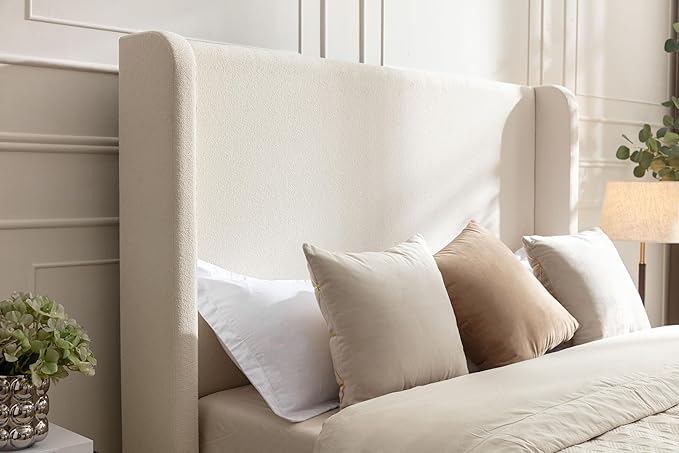 GDFStudio Tall Headboard Upholstered Bed,King Size Platform Bed Frame with Headboard Wingback,54" High No Box Spring Needed Easy Assembly Elegant Simplicity Ivory Boucle