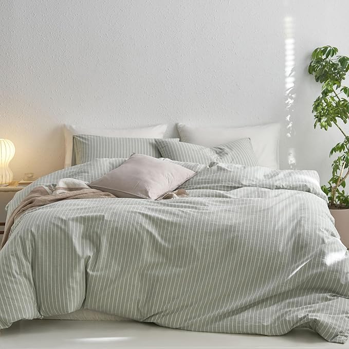 MooMee Striped Duvet Cover Set 100% Washed Cotton Linen Like Textured Breathable Durable Soft Comfy (Sage Green White Wide Stripes, Alaska King 132"x120")