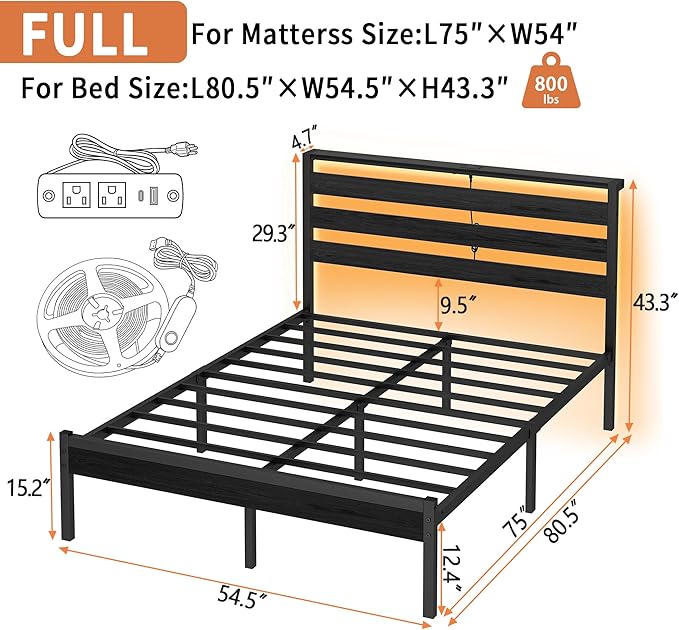 CLIBFENG 14 Inch Classic Metal Platform Bed Frame-Full Size Bed Frame with Headboard,Steel Slats Support-LED Bed Frame with USB Charging Station,Under Bed Storage,No Box Spring Needed,Noise Free