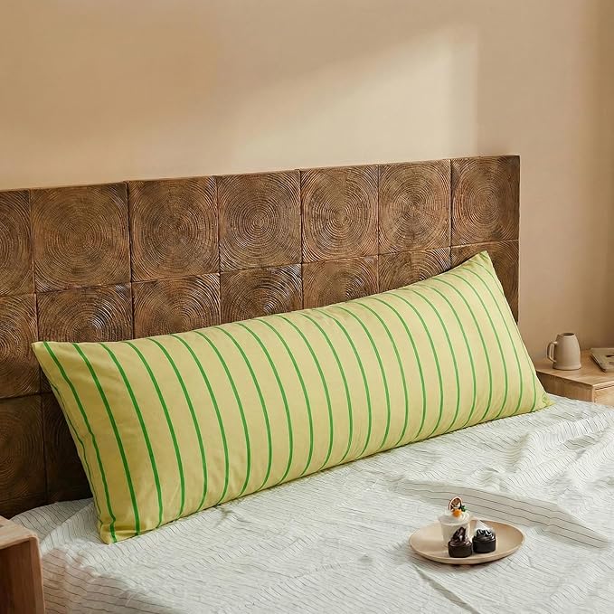 Merryword Body Pillowcases, 100% Cotton Body Pillow Cover, Khaki & Green Striped Pillowcases, Luxury Linen Like Pillowcase, Soft Breathable Track Stripes Pillow Cover