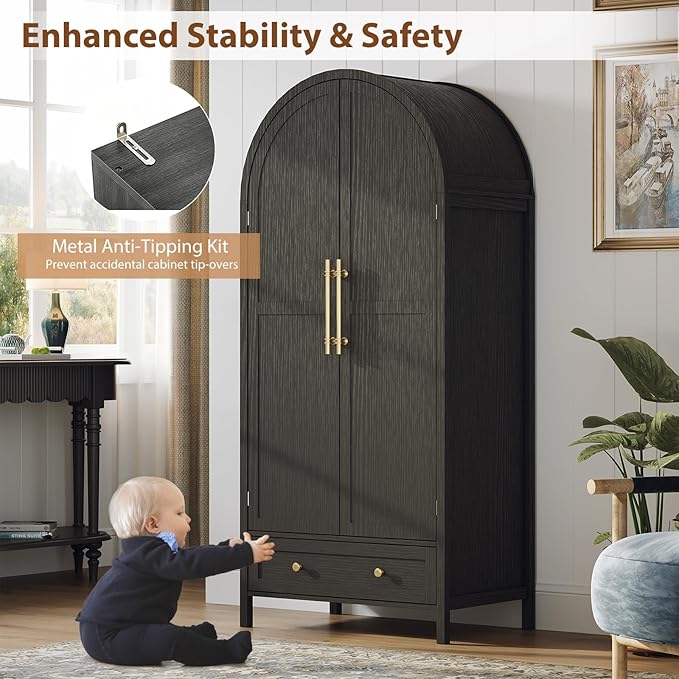 VINGLI Arched Wardrobe Closet Armoire with Doors and Drawer, 70" Tall Wooden Wardrobe Cabinet,Clothing Storage Cabinet, Large Capacity Storage, Black