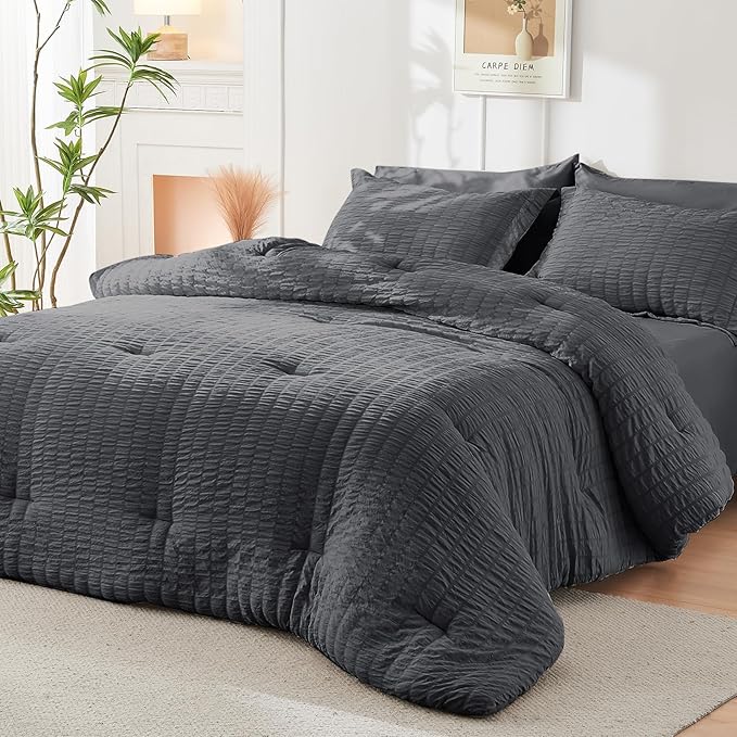 HYMOKEGE Oversized King Comforter Set Seersucker 7 Pieces, All Season Luxury Bed in a Bag for Bedroom, Bedding Set with Comforter, Sheets, Pillowcases & Shams, Dark Grey