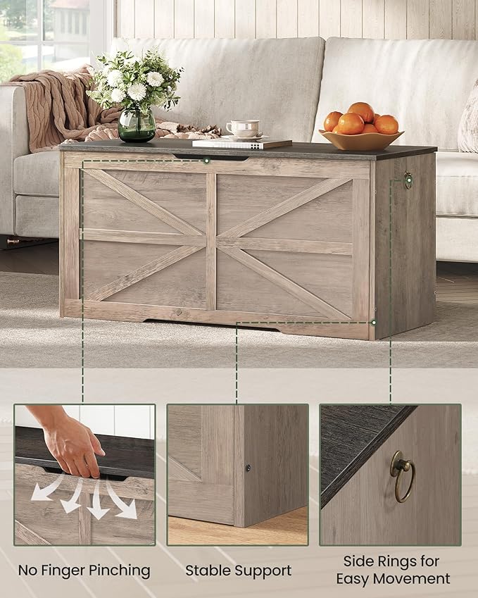 CHOEZON Storage Chest, 39.4" Wooden Storage Trunk, Retro Storage Bench with Safety Hinge, Toy Chest Storage, Farmhouse Style, for Bedroom, Living Room, Charcoal Gray and Greige MCW10HC