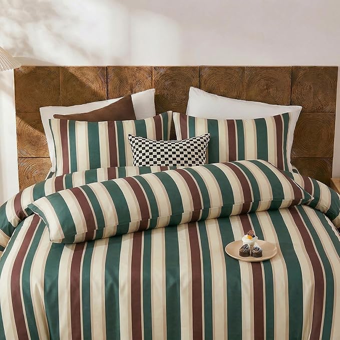 Merryword 100% Cotton Pillow Cases, Queen Size Pillowcases, Green Striped Pillowcases, Luxury Linen Like Pillowcase, Soft Breathable Cabana Stripes Pillow Covers, Set of 2
