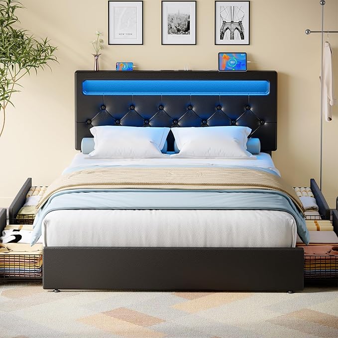 Rolanstar Queen Bed Frame with 4 Drawers and Charging Station,Twin Bed with Led Lights, 2 USB and 1 Type C, Adjustable Upholstered Headboard 38.9/40.8 Inches, Sturdy, No Box Spring Needed, Pure Black