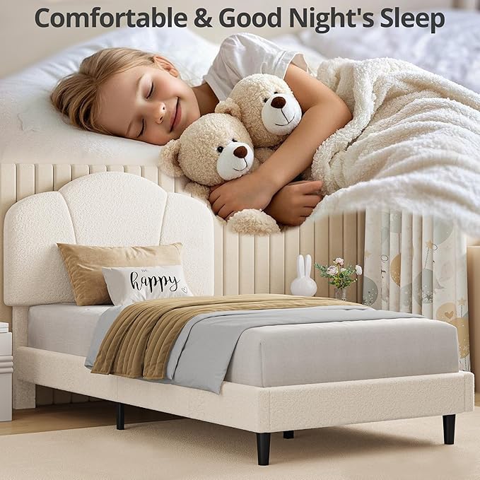 LIKIMIO Twin Size Bed Frame Set of 2, Upholstered Twin Platform Bed with Headboard Lamb Velvet Twin Beds, No Box Spring Needed with 800LBS Sturdy Wooden Slats Support, Noise Free, Easy Assembly, White