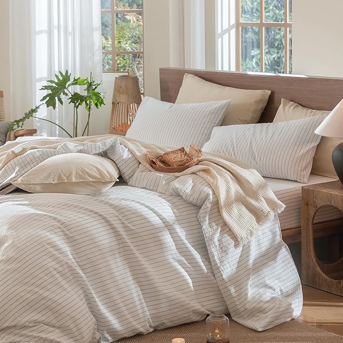 MooMee Striped Duvet Cover Set 100% Washed Cotton Linen Like Textured Breathable Durable Soft Comfy (White Cornflower Blue Wide Stripes, Super Queen 90"x98")