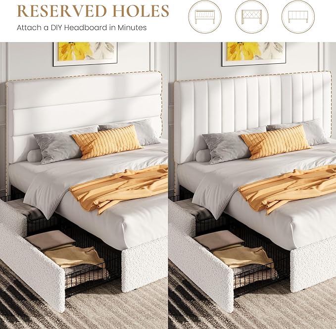 SHA CERLIN Boucle King Size Bed Frame with 4 Spacious Drawers, Platform Bed with Soft Teddy Fabric Upholstery, Sturdy Wooden Slats Support, No Box Spring Needed, Noise Free, Easy Assembly, White
