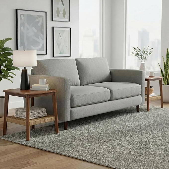 Alaterre Furniture Calais 2-Tier Solid Wood End Table with Woven Storage Shelf – Set of 2 Mid Century Modern Nightstand or Side Table for Living Room, or Bedroom (Chestnut)