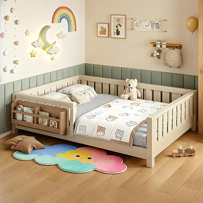 Bellemave Full Size Floor Bed Frame with Fence & Bookshelf, Solid Pinewood Montessori Floor Bed Full with Slats Load 450LBS, Low Profile Floor Bed for Kids, Bedroom, Nursery, Easy Assembly,Beige