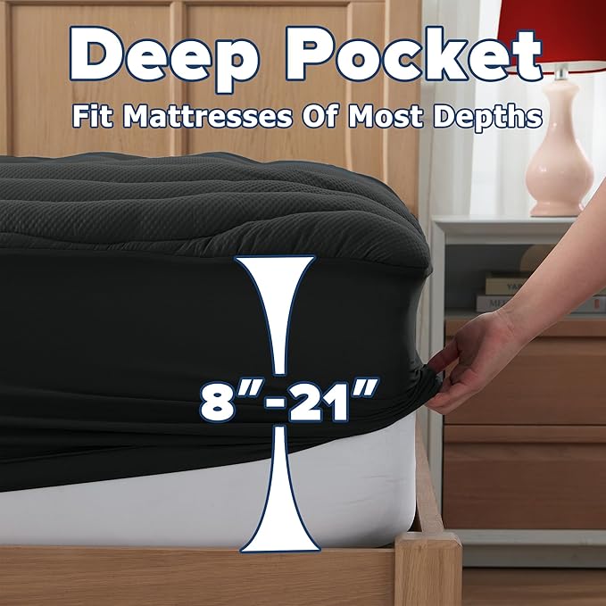 ELVEN HOME Full Size Mattress Pad for Pain Relief, Quilted Fitted Cooling Mattress Topper for Double Bed, Pillow Top Mattress Protector Cover with 8-21" Deep Pocket (54x75 inch, Black)