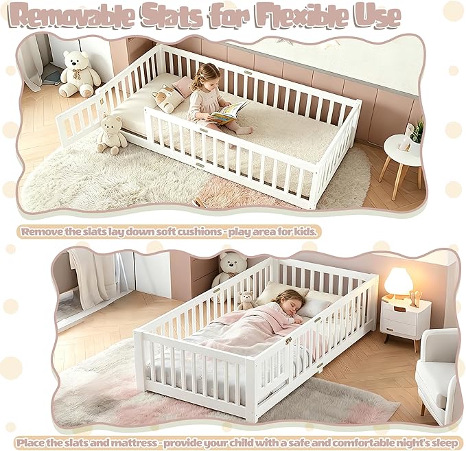 Bellemave Montessori Twin Floor Bed Frame with Fence and Removable Door, Low Profile Twin Size Montessori Bed Frame for Kids, Solid Wooden Floor Beds with Slats for Bedroom,Nursery, White