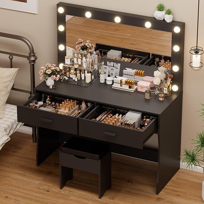 YESHOMY Vanity Desk with Mirror, Power Outlet and 11 Lights, Makeup Table with 2 Drawers, 3 Color Modes Available for Bedroom, Ash Black