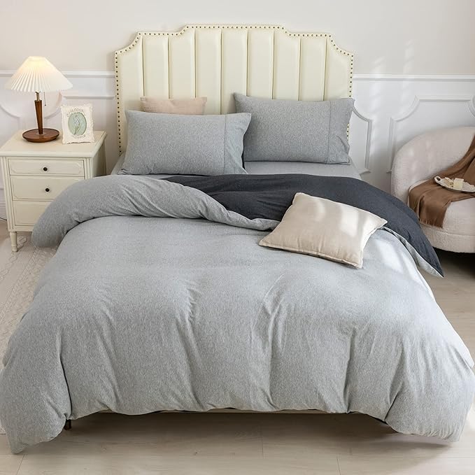PURE ERA Jersey Knit Duvet Cover Set 100% T-Shirt Cotton Super Soft Comfy 3pc Bedding Set with Zipper Closure (Heather Charcoal Grey/Grey, King)