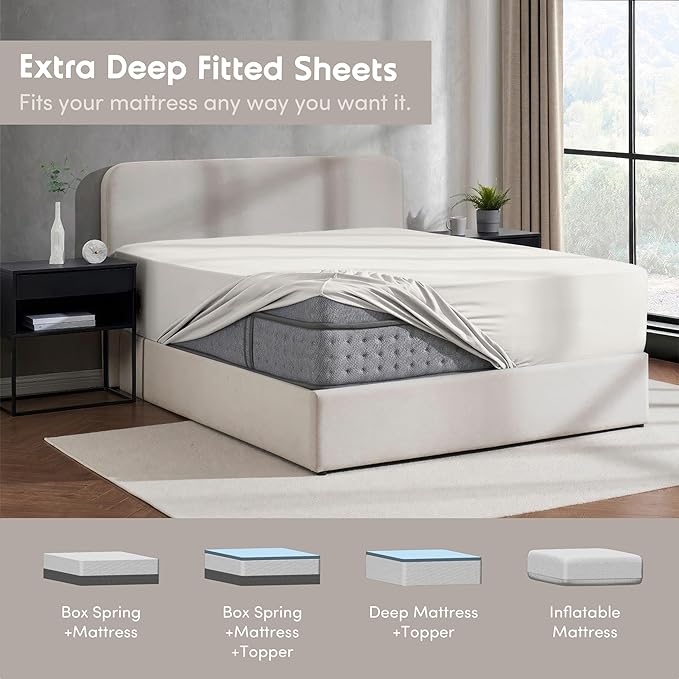 Nestl 2 Pack Off White Fitted Sheet Extra Deep Pocket, Hotel Luxury KingFitted Sheet Only Easily Fits 18 to 24 Inch Mattress, Super Soft, Wrinkle-Free and Breathable with Corner Straps