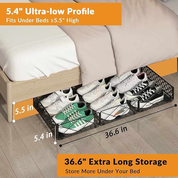NADAMOO 5.4 in Low Profile Under Bed Storage, 36.6" Ultra Long Metal Underbed Organizer with 6 Smooth Rolling Wheels, 110 lbs Heavy Duty Foldable Under Bed Container for Shoes, Clothes, Toys, 1 Pack