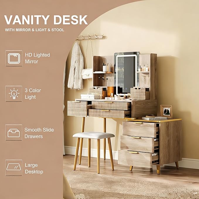 Casaphoria Vanity Desk with LED Mirror & 7 Drawers, Fluted Yellow Brown Dressing Table with Stool for Bedroom Makeup & Jewelry Storage