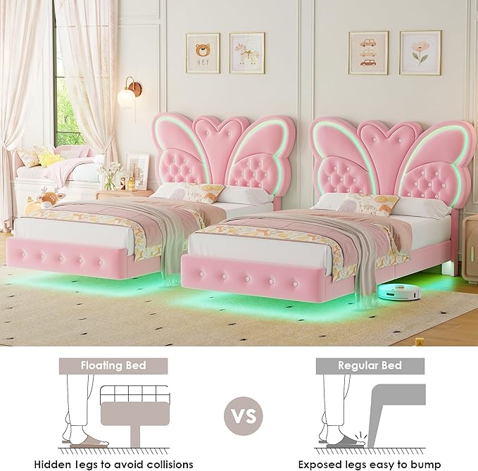 Keyluv Twin Bed Frame Butterfly-Pattern Upholstered Headboard, Modern Floating Bed with LED Lights Button Tufted on Headboard and Footboard, Slats Support No Box Spring Needed, Noise-Free, Pink