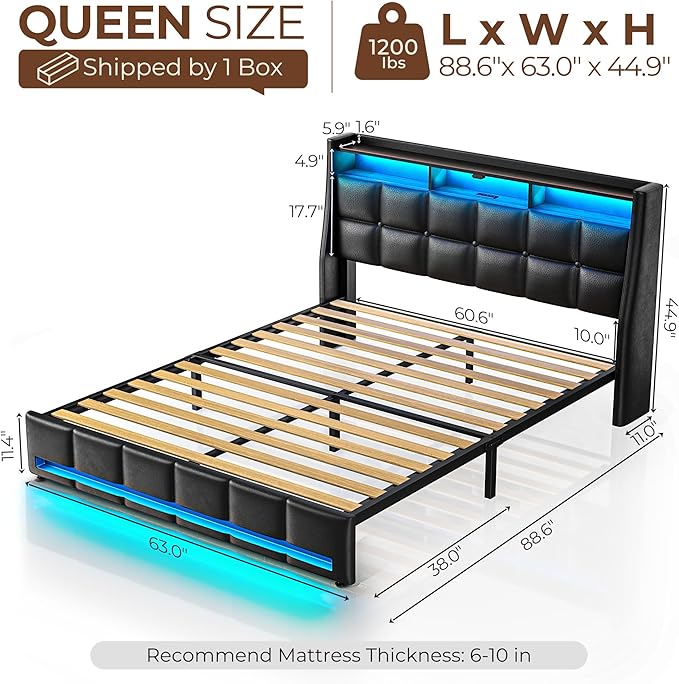 Rolanstar Queen Size Bed Frame with LED Lights and Charging Station, Upholstered Headboard with 2-Tier Storage Shelves, Heavy Duty Metal Frame, Noise-Free Support, Easy Assembly, No Box Spring Needed