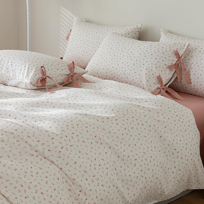 VM VOUGEMARKET Rose Flower Duvet Cover Queen Stripes Bedding Set 100% Cotton Vintage Country Style Girls Comforter Cover with 2 Bow Tie Pillowcases,Off-White/Cream