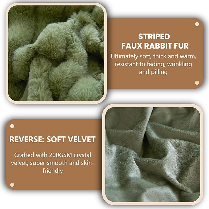 MEGO Luxury Faux Rabbit Fur Body Pillow Cover, Soft Fluffy Plush Wide Striped Bedroom Green Body Pillowcase 20x54, Furry Fuzzy Long Bed Pillow Case with Zipper for Adults Girls Teens Kids, Sage Green