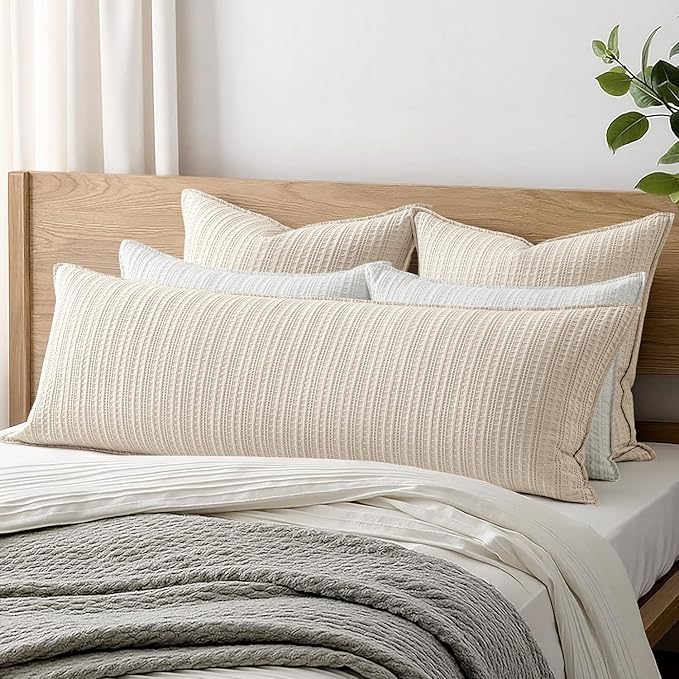 100% Cotton Waffle Weave Body Pillowcase, 1 Pack 14x36 Decorative Body Pillow Cover for Bed Couch Sofa, Neutral Long Cushion Sham Modern Farmhouse Home Decor, Oatmeal