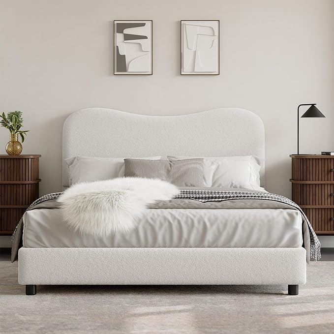 GarveeHome Boucle Queen Bed Frame with Upholstered Headboard, Soft Low Profile Sturdy Platform Bed with Rounded Corners Design, Heavy Duty, Wooden Slats, Noise Free, No Box Spring Needed, White