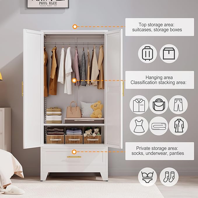 RIETERN Metal Armoire Wardrobe 71" Tall Closet, Bedroom Closet with Mirror, 1 Drawer, Adjustable Shelves, and Hanging Rod, Steel Clothes Closets and Storage, for Bedroom White