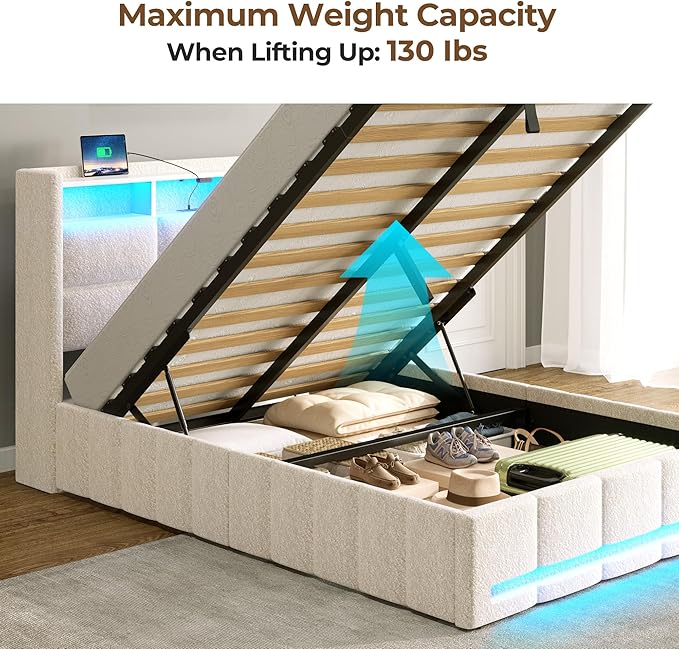 Rolanstar Bed Frame Twin Size with Lift Up Storage, Charging Station & LED Lights, Upholstered Storage Headboard, Heavy Duty Wooden Slats, No Box Spring Needed, Noise Free, Easy Assembly, Beige