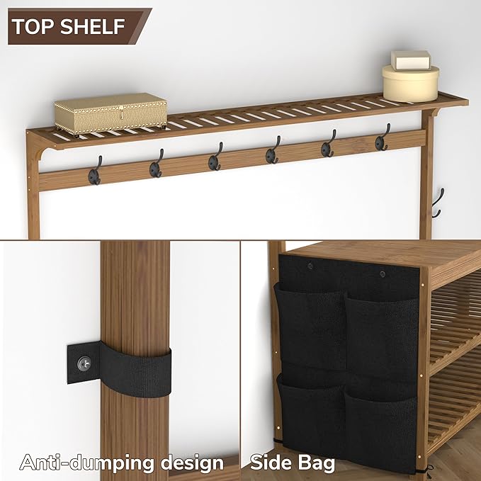 AMBIRD 6-in-1 Bamboo Hall Tree with Shoe Storage, Entryway Organizer Shoe Bench with 16 Coat Hooks and Cloth Bag, Sturdy Bamboo Storage Bench, 46 * 15 * 70 inches Brown